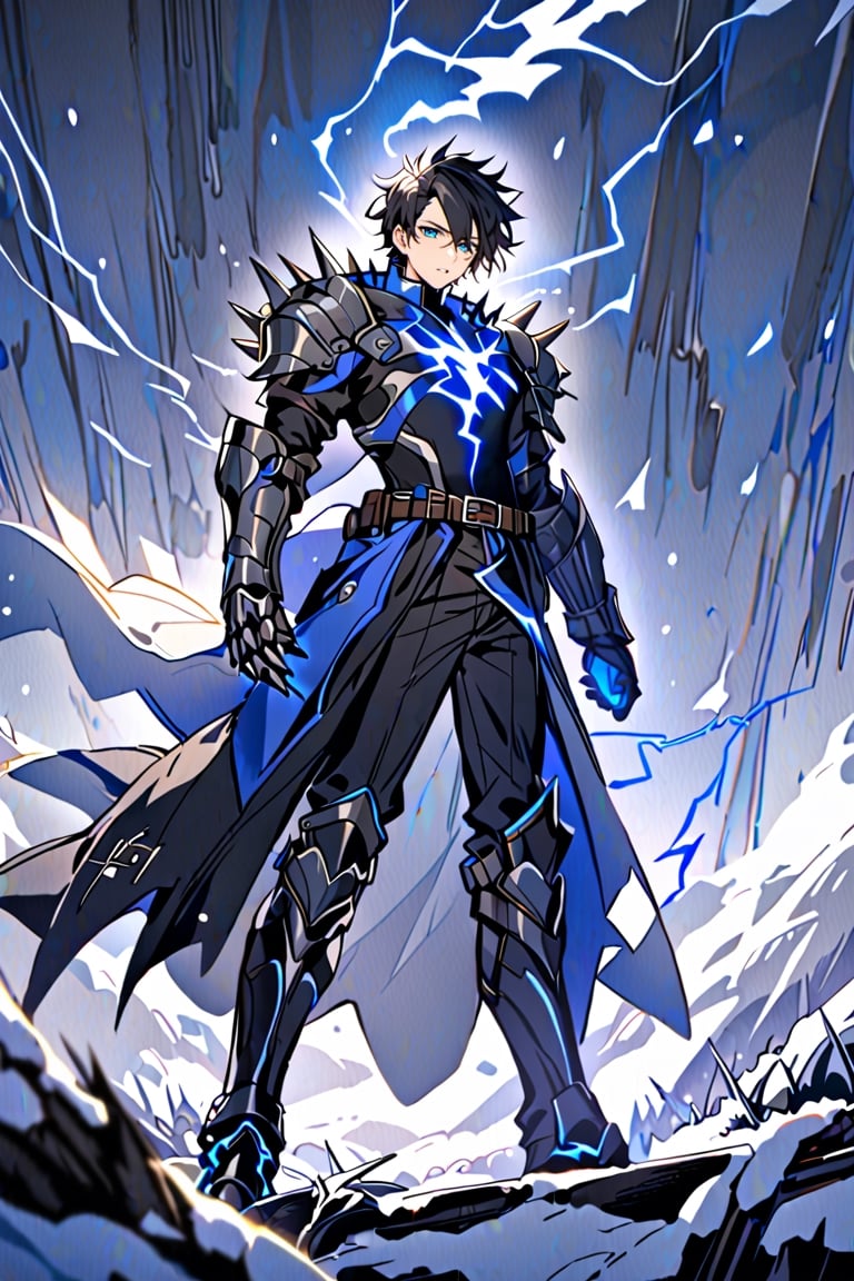  solo, snowy smile, short hair, black hair with blue, spiky hair, bangs, blue eyes, Tall boy, shirt, gauntlets, 1 boy, standing, very thin,metal gauntlets, belt, pants, blue trim, black shirt, pants black,blue lightning, blue electric rays