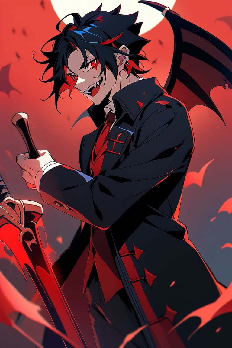 1 man, crimson eyes (crazy look), vampire fangs, spiky black hair (with red hair tips), wearing blue (with an elegant black coat with blood stains), bat wings sword dripping blood,red dark aura ,BloodOnScreen,Anime 