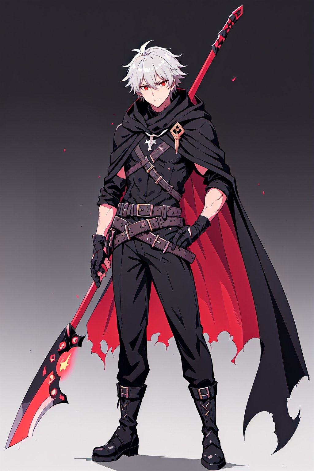 solo, looking at viewer, 1boy, holding, hair between eyes, closed mouth, standing, weapon, gray hair, eyes red , male focus, boots, belt, pants, hood, medium hair, cape, black footwear, holding weapon, gradient, torn clothes, gradient background, black pants, cloak, black cape, scythe, black cloak, holding scythe, torn cape, torn,blad4
