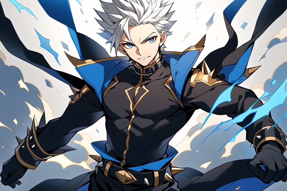 solo, arrogant smile,  short hair, white hair, spiked hair, pixie cut, bangs, blue eyes, shirt, gloves, long sleeves, 1man,, closed mouth,muscle body, standing, white hair, male focus, cowboy shot, black gloves, belt, pants, blue trim, black shirt, black pants, gold trim,Visual_Illustration