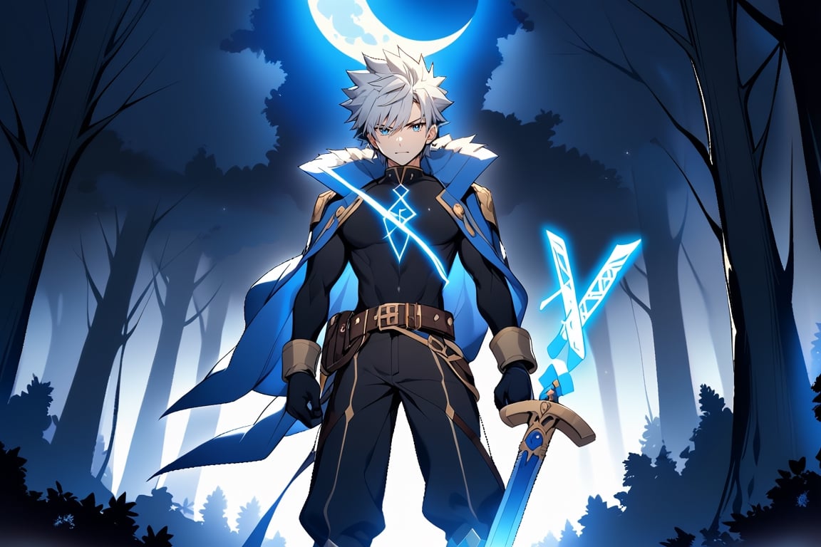 solo, arrogant smile,  short hair, white hair, spiked hair, pixie cut, bangs, blue eyes, shirt, gloves, long sleeves, 1man, huge sword,standing, white hair, male focust,athletic body, black gloves, belt, pants, blue trim, black shirt, black pants, gold trim, night, moon light, forest, (Large shiny blue sword with runes on it:1.3), sword, blood in background