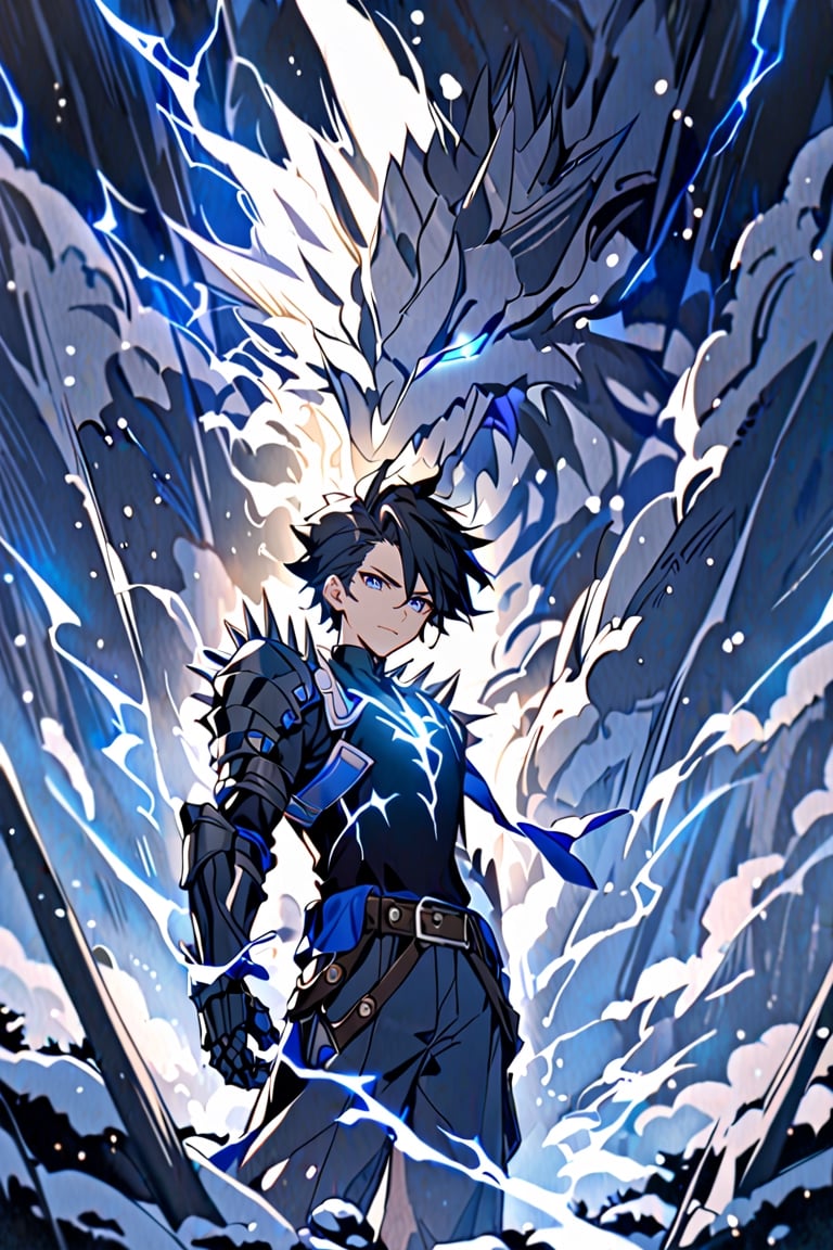  solo, snowy smile, short hair, black hair with blue, spiky hair, bangs, blue eyes, Tall boy, shirt, gauntlets, 1 boy, standing, very thin,metal gauntlets, belt, pants, blue trim, black shirt, pants black,blue lightning, blue electric rays