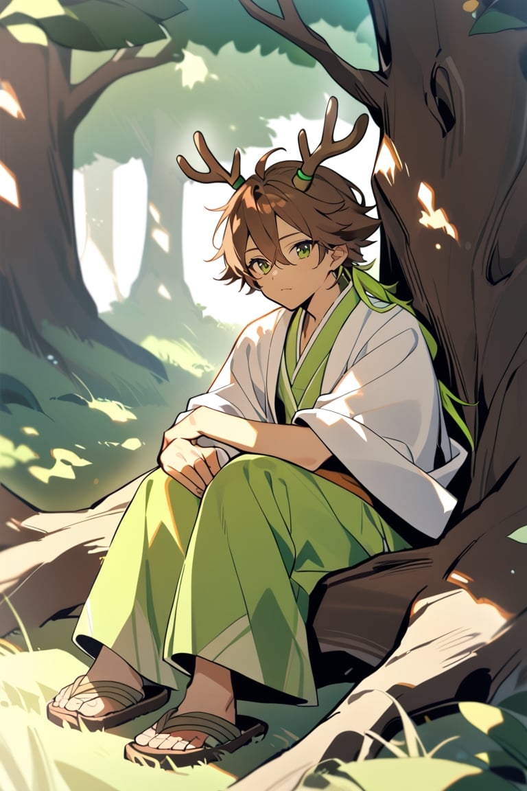 1 man, brown hair with lime green highlights, bright lime green eyes, with deer antlers made of wooden branches, dressed as a young druid, sitting under the shade of a tree