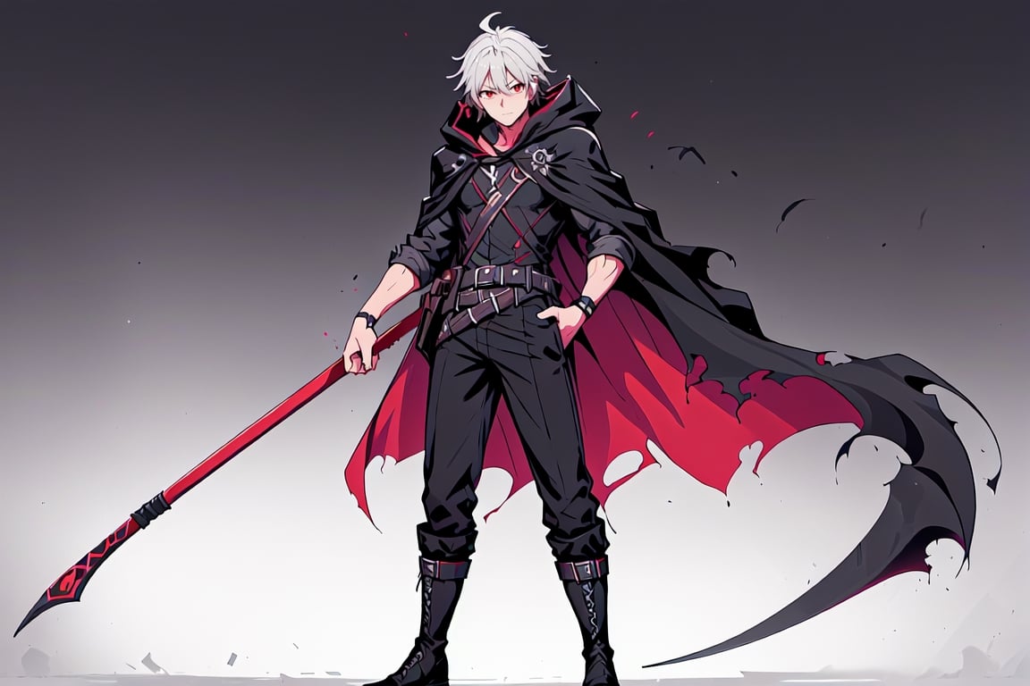 solo, looking at viewer, 1boy, holding, hair between eyes, closed mouth, standing, weapon, gray hair, eyes red , male focus, boots, belt, pants, hood, medium hair, cape, black footwear, holding weapon, gradient, torn clothes, gradient background, black pants, cloak, black cape, scythe, black cloak, holding scythe, torn cape, torn,blad4