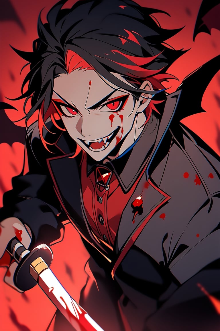 1 man, crimson eyes (crazy look), vampire fangs, spiky black hair (with red hair tips), wearing blue (with an elegant black coat with blood stains), bat wings sword dripping blood,red dark aura ,BloodOnScreen,Anime 