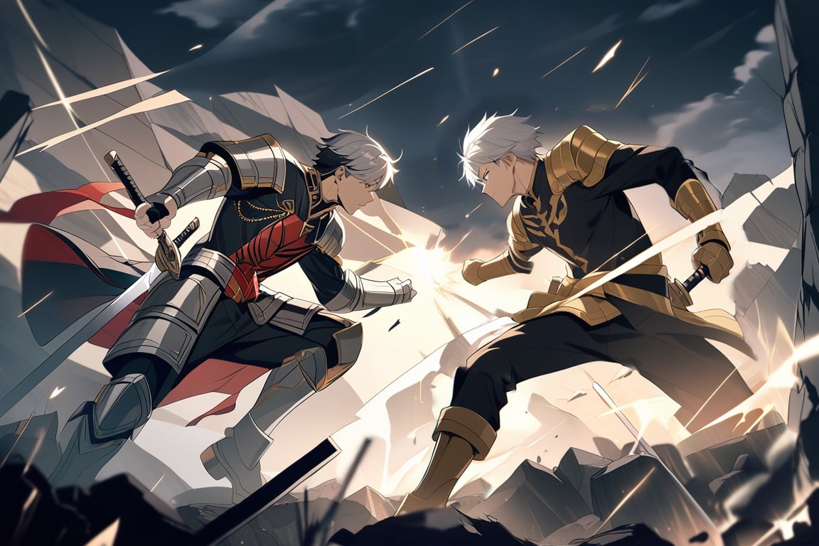 Two young men face off on a battlefield shrouded in ruins, their swords clashing in a clash of titans. The dark and stormy sky reflects the intensity of the combat, while flashes of steel illuminate the scene. One of the white-haired, blue-eyed warriors is wearing a shiny, gleaming black and gold jacket, with a defiant look on his face, while the other man with light silver-like red eyes is dressed in black clothing and red, with a wild and determined expression. The ground shakes with each blow, creating an epic atmosphere full of tension,niji5 