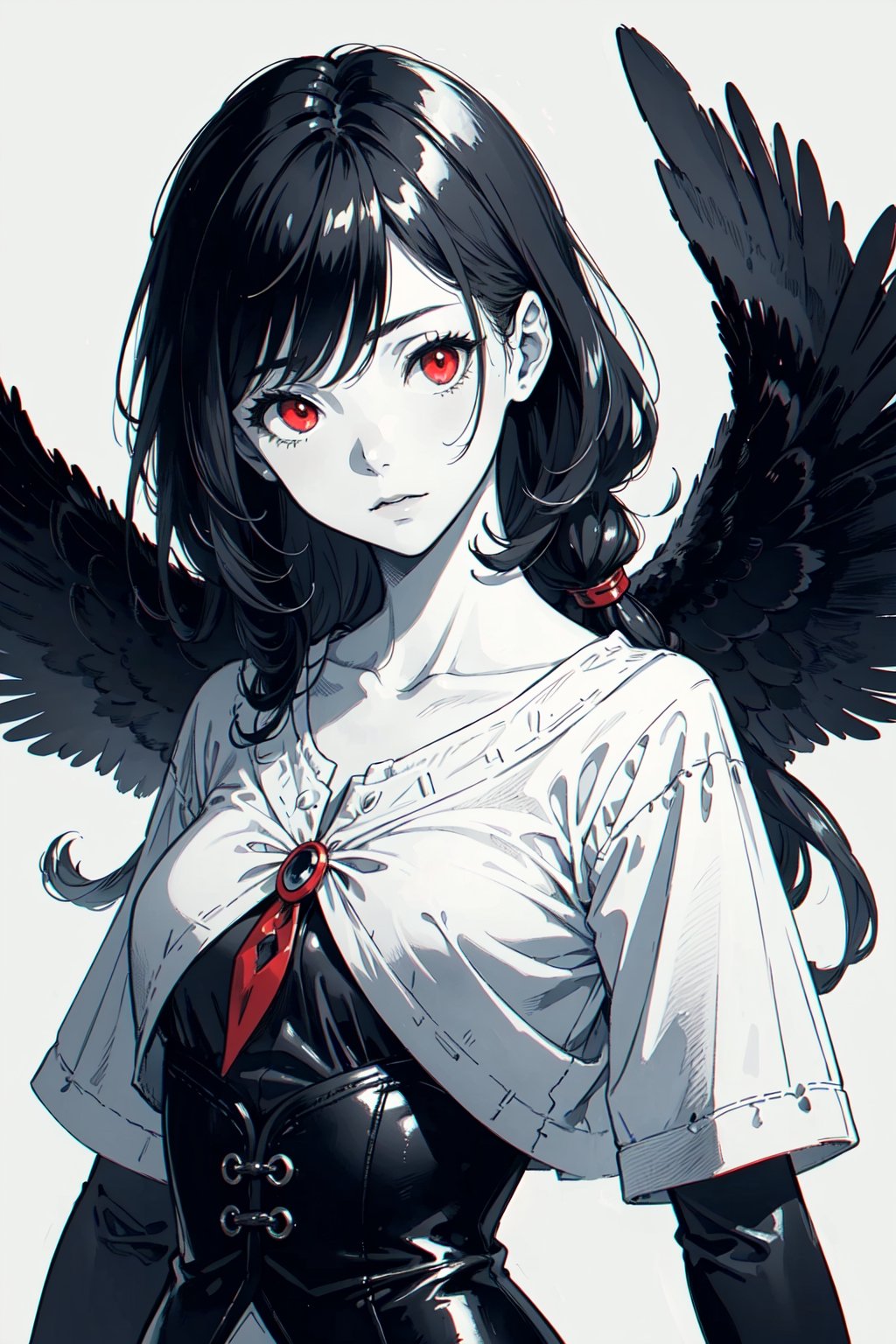 ((masterpiece, best quality)),(monochrome art),snow white,black hair hair,red eyes,professor outfit,Redayana, background in the tartarus