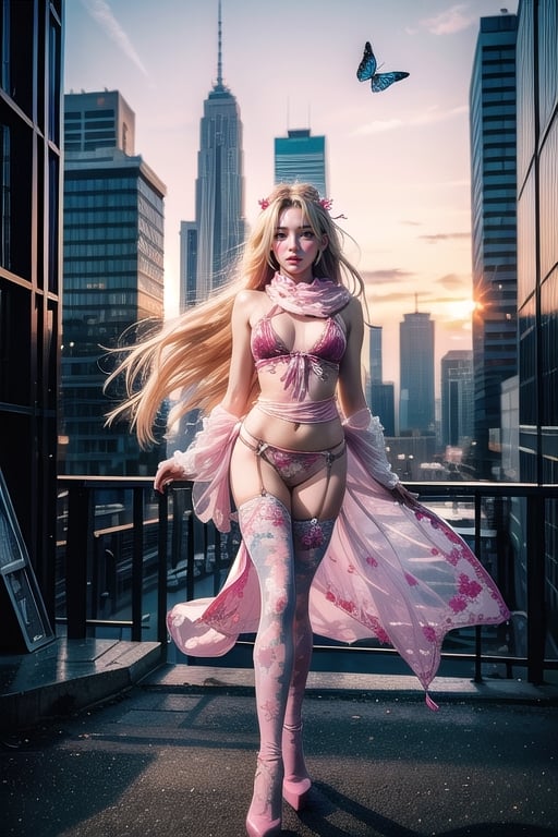 Full body shot standing sideways, beautiful sunset, sexy young female warrior, slender waist, plump and slender figure, long blond hair with butterfly hair accessories swaying in the wind, exquisite makeup, wearing a damaged transparent pink camouflage tights , wearing uniform, red silk scarf, pink suspender hollow stockings, pink 10-inch high heels, standing on the edge of the roof, waist straight, legs spread, holding advanced rifle, battle city background, 8K Artgerm, more details