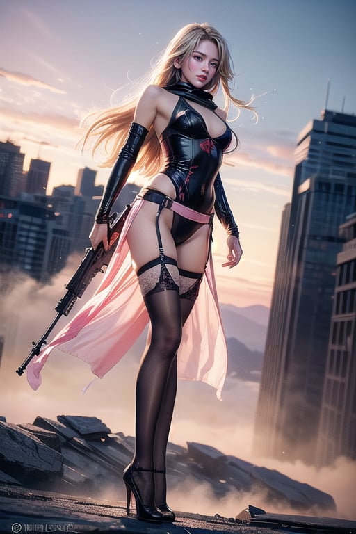 Full body shot standing sideways, beautiful sunset, sexy young female warrior, slender waist, plump and slender figure, long blond hair with butterfly hair accessories swaying in the wind, exquisite makeup, wearing transparent pink camouflage suspender hollow stockings ,wearing  hollow combat uniform(Damage,broken), red silk scarf, pink 10-inch high heels, standing on the edge of the roof, waist straight, legs spread, holding advanced rifle(full length), battle city background(with smoke), 8K Artgerm, more details
