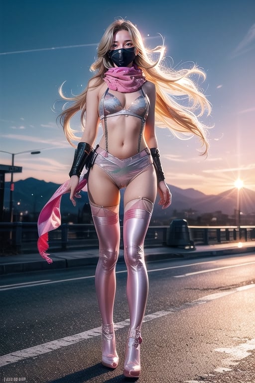 Sideways standing full body photo, beautiful sunset, sexy young female warrior, slender waist, plump and slender figure, half-covering her eyes with a combat helmet, long blond hair swaying in the wind, exquisite makeup, wearing a transparent pink camouflage tights for combat Wearing a uniform and red silk scarf, pink suspender hollow stockings, and pink 10-inch high heels,FLY IN THE SKY and legs spread apart,take machine gun, battle city background, 8K Artgerm, more details