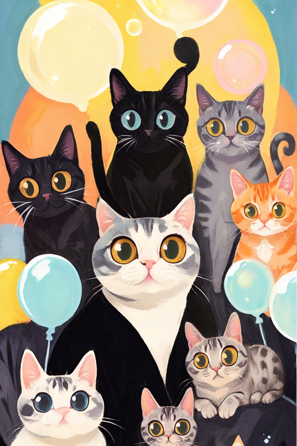 Fashion design, poster design, trendy, flat, pop style, american shorthair , There are 10 cats., bubble text, illustration, exquisite,