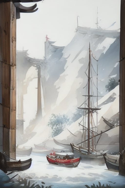  a Junk ship travelling through  within a bay, the surroundings are very scenic ( realistic, best quality, high detailed painting),ChineseWatercolorPainting