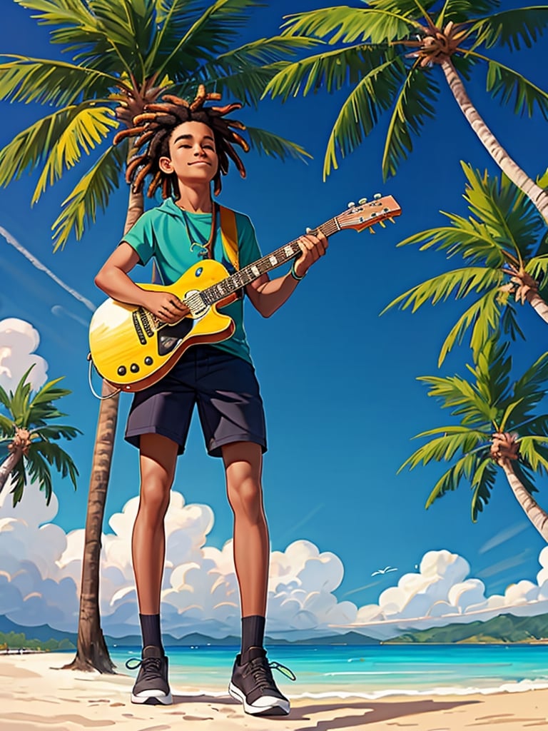  A very  jolly RASTAFARIAN  leaning against the tall palm tree, playing his guitar. frolicking beach background,