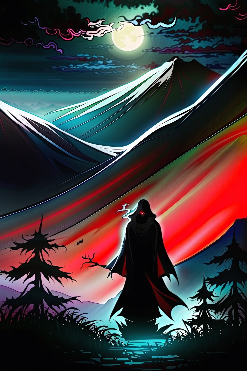 dark landscape very dark night, mountains.
Faceless subject, hooded ghost and long black tunic, faceless, large body.,ghost person,Itachi Uchiha
