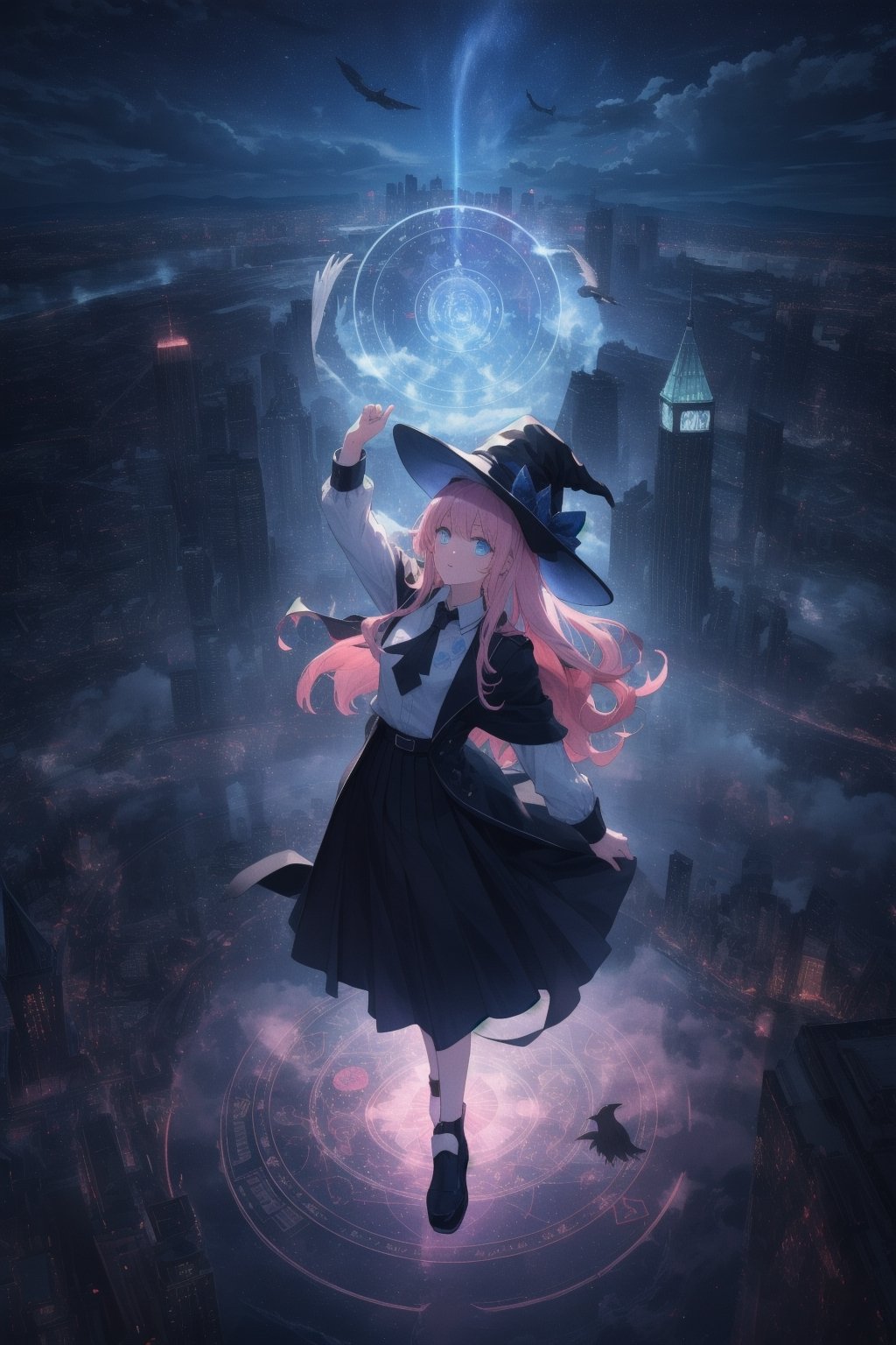 1 woman, long pink hair, blue eyes, medium chest, white shirt, black skirt, black witch hat, floated in the sky, arm up, night magic circle, eagle mount, city.
