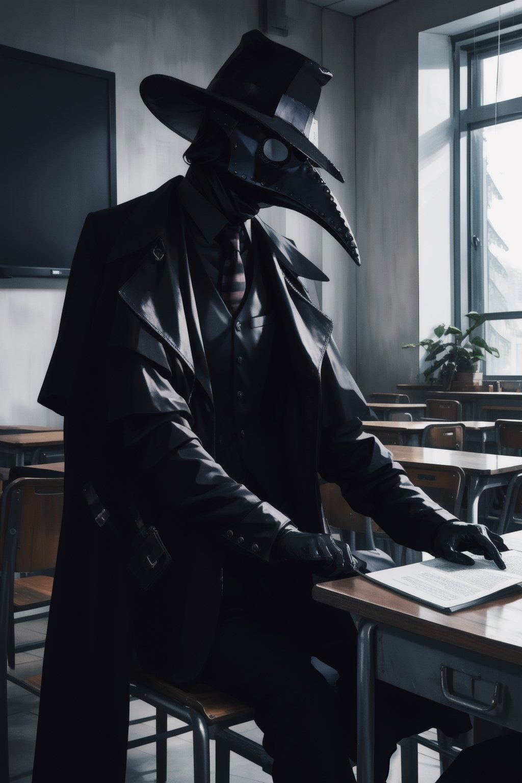 1 woman, long black hair, plague doctor mask white, medium chest, white shirt, black pants, black coat, teaching, university classroom, sitting.,Plaguecore