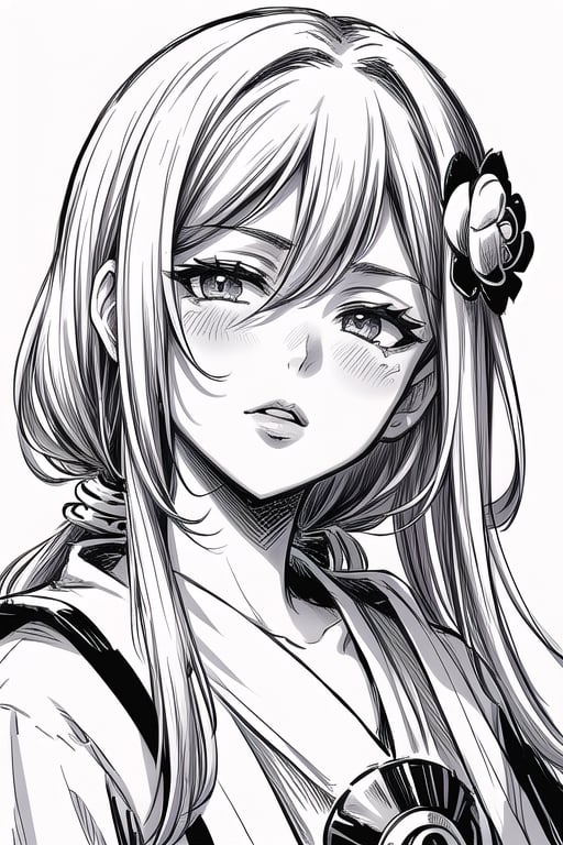 (Masterpiece), (highres), 8k, manga, digital illustration, 2d,  retro artstyle,  monochrome, partially colored,(ultra-detailed portrait of a woman,solo,  shaded face, hair ornament, confident, jewelry, colorful, frill trim, extremely detailed, detailed face, lipstick, straight hair, bangs,stylish, expressive, blush, looking to the side,  head tilt,  cowboy shot, fully clothed, (8k resolution),post00d,Hajime_Saitou,,quju,Oiran,sugar_rune