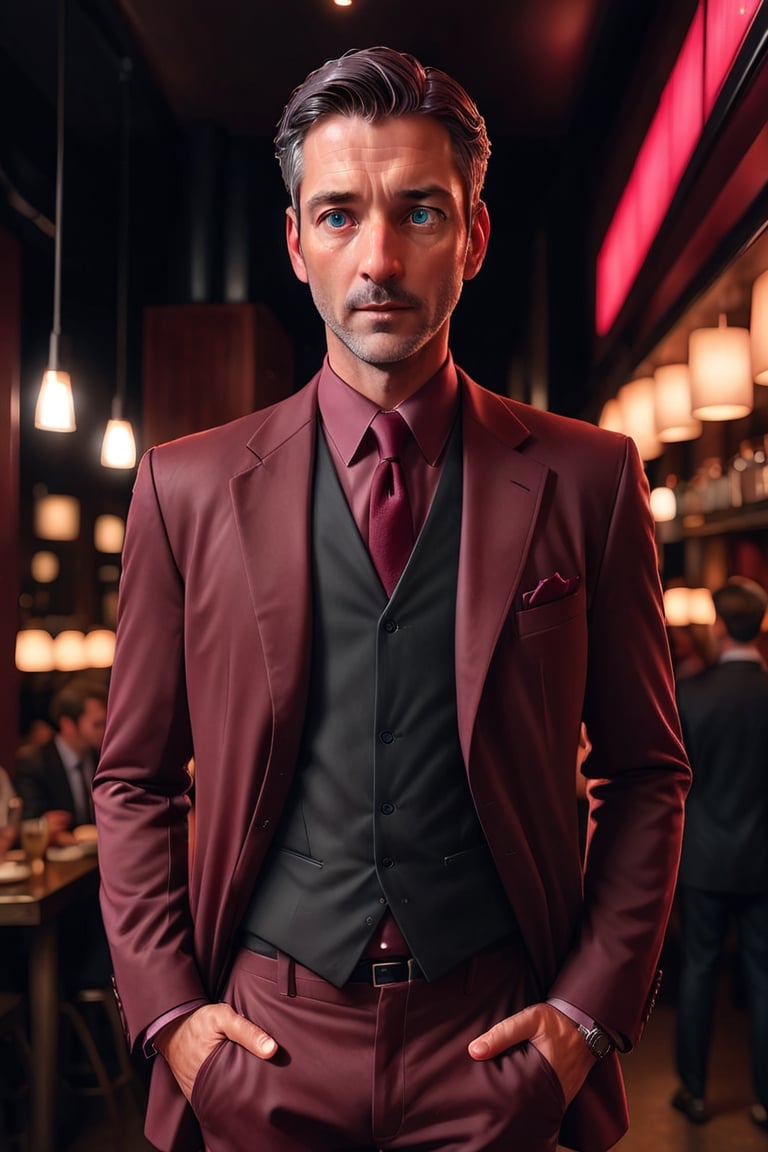 photo of handsome man, 45 year old French man, (((Maravingio)))  from Matrix, (standing in a dark busy restaurant at night), epiC35mm, film grain, (freckles:0.0), full body shot, (plain background:1.6), athletic body, pale skin, (((dark burgundy suit black shirt and tie))), (slick short hair combed back), black hair,      photo of perfect eyes, dark eyes, serious,