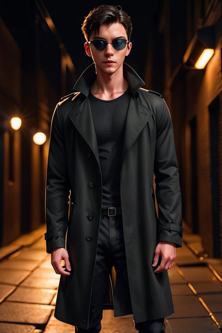 photo of handsome man, 21 year old American man, (((Neo)))  from Matrix, (standing in a dark alley at night), epiC35mm, film grain, (freckles:0.0), full body shot, (plain background:1.6), athletic body, pale skin, (((long black trench coat, sun glasses))), (short hair), black hair,      photo of perfect eyes, dark eyes, serious,