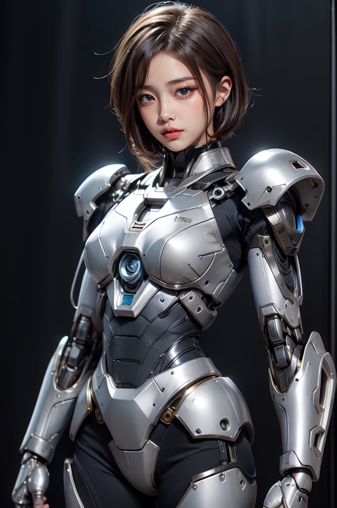 cowboy shot,a curvy cyborg females having luster metallic silver body and mechanical joints and internal structure exposed,short silver hair and see_through blunt bangs and glossy dark_brown eyes,breaking time in black background,30 yo,looking at viewer,relaxed ,masterpiece,So_GunDam,retrowavetech,mecha_musume