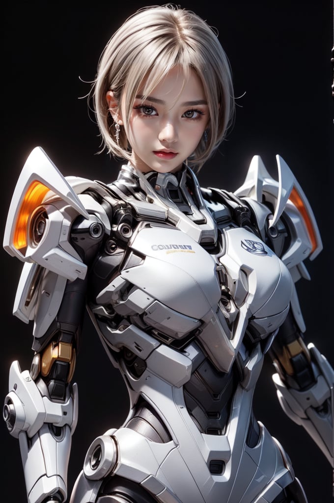 cowboy shot,a curvy cyborg females having luster metallic silver body and mechanical joints and internal structure exposed,short silver hair and see_through blunt bangs and glossy dark_brown eyes,breaking time in black background,30 yo,looking at viewer,relaxed ,masterpiece,So_GunDam