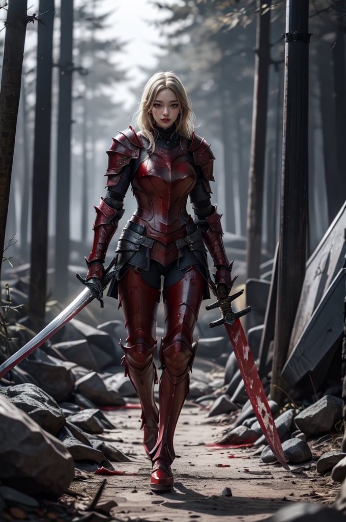  Scandinavian blonde female warrior, head held high, holding a bloody katana dripping with blood as she steps on darkened skulls that litter the ground, highly detailed and intricate red warhammer armor, dynamic pose, detailed dark foreboding background