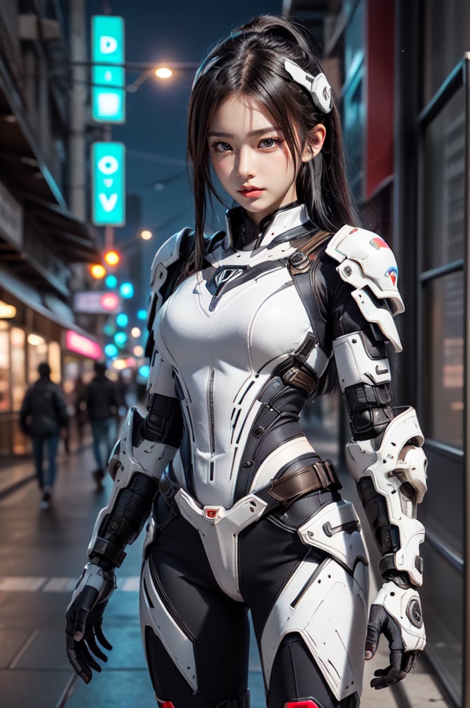 (highres, intricate details, best quality), 1girl, black hair, brown eyes, mecha arms, cybepunk, toned, (original clothing),looking at viewer, futuristic city, neon lights, cinematic lighting, shooting to the viewer, depth_of_field, cowboy_shot