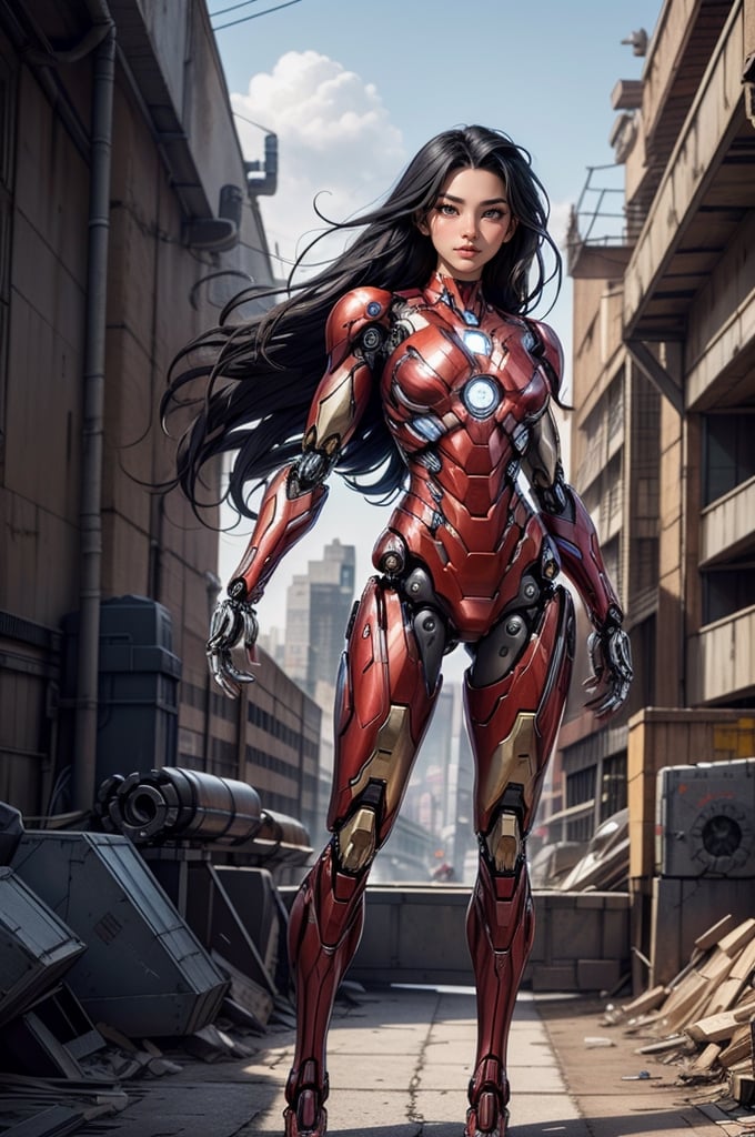 High-resolution photo, (((1 semi-mechanical beautiful female))) 
1 girl, long black hair, side, full body, iron man suit, pauldrons, ,iron man, open clothes, , abs, ,Eva Savagiou, ,evangelion, eva suit, floating in the sky, cityscape, day light, details, reflective, fighting , ,mecha, ,3va, , photo-realistic,
 (((human body combined with mechanical components)))