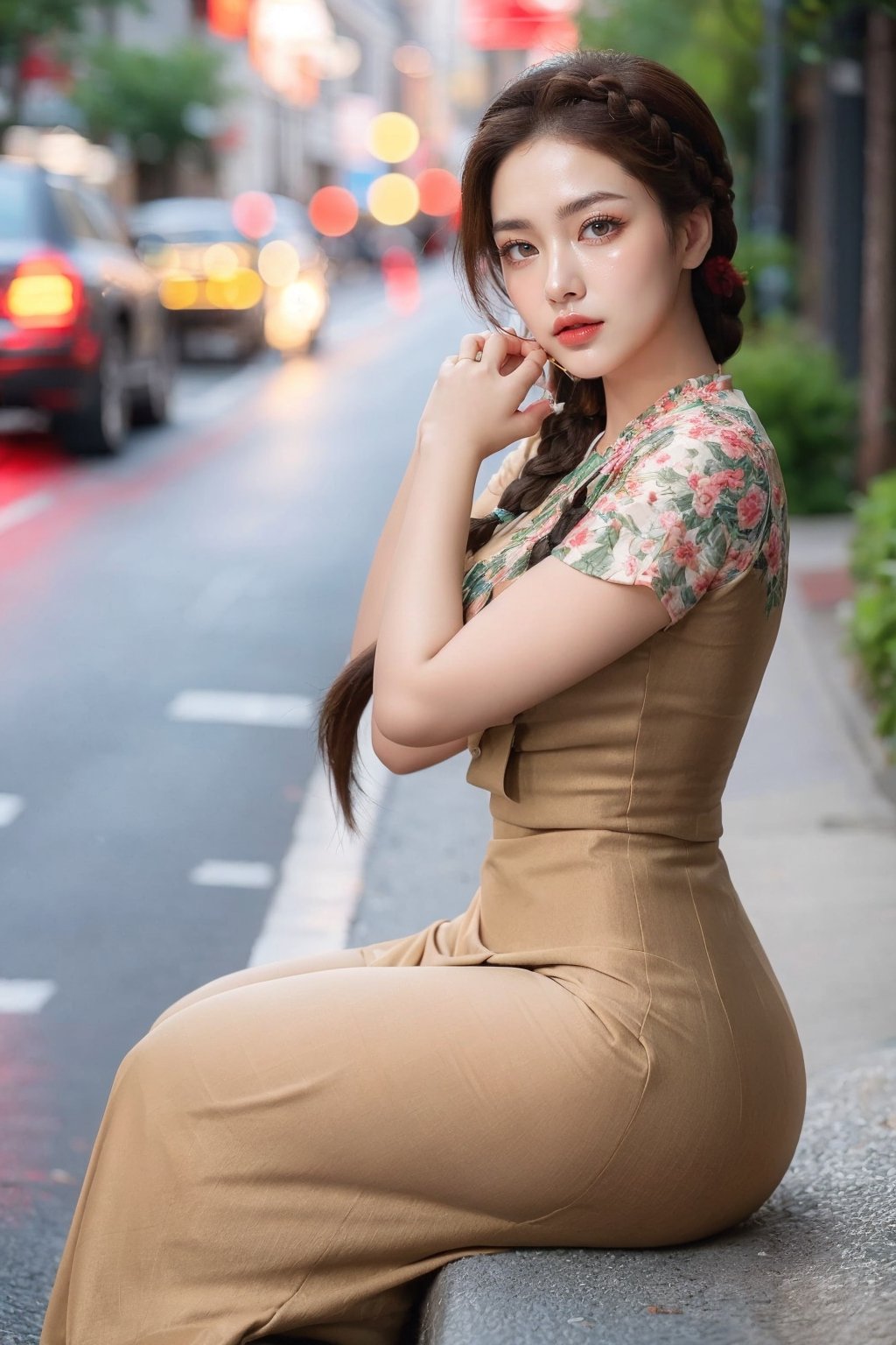 A beautiful myanmar girl, honey-colored eyes, braided hairstyles, medium breasts, thick thighs, camel toes, posing on side walk, natural evening lighting, depth of field, bokeh, cinematic, masterpiece, best quality, high resolution, ,makeup,acmm ss outfit, wearing acmm top,_Delha