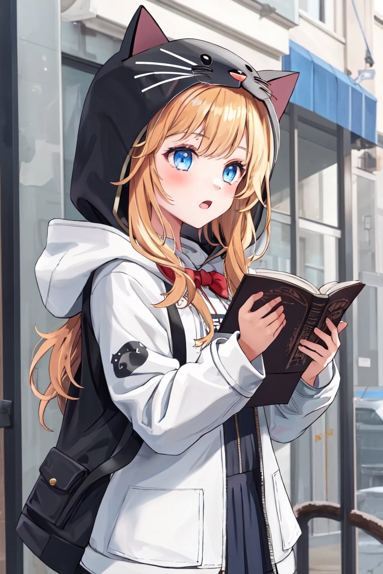 1girl, white jacket, hood up, ((cat hood)), (open jacket),READ THE DESCRIPTION,amelia watson,long curly hair,school background full