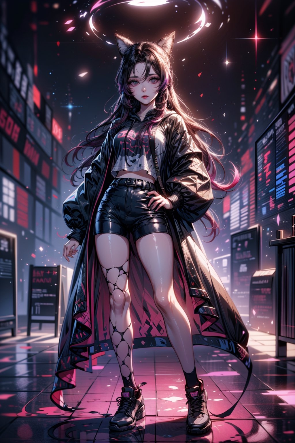 best definition, high definition, high quality, masterpiece, the girl is in a nightclub, she has a big hoodie, black shorts, sneakers, deep purple eyes, hair in a bun, black and deep purple hair on the tips, two-tone hair, pika / (t-shirt/), large_clothes, extra-large_clothes, game controller print,neon background,1 girl