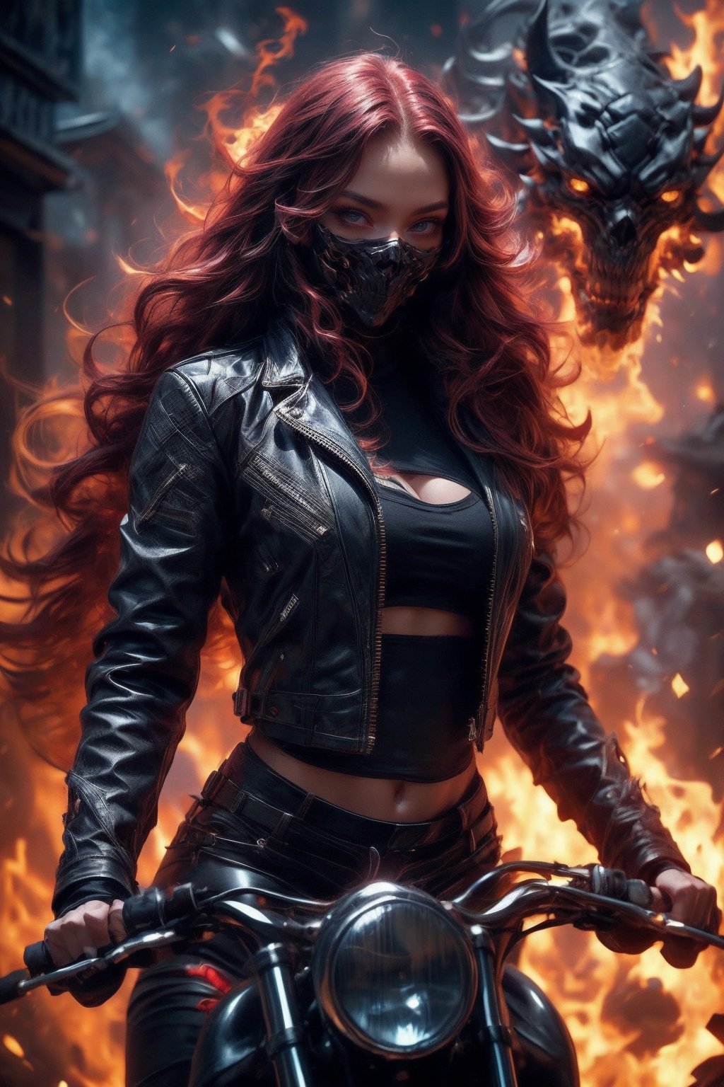 ((Generate hyper realistic image of  captivating scene featuring a stunning 22 years old girl, on a motorcycle)) with long fiery hair,  flowing in wind, donning a black leather shorts and a Black jacket over is naked body,fire eyes, photography style , Extremely Realistic,  ,photo r3al,photo of perfecteyes eyes,realistic,leather,ghostrider, hair of fire, eyes of fire,RED FIRE GREEN FIRE BLUE FIRE PURPLE FIR,Ghost mask , Firehair