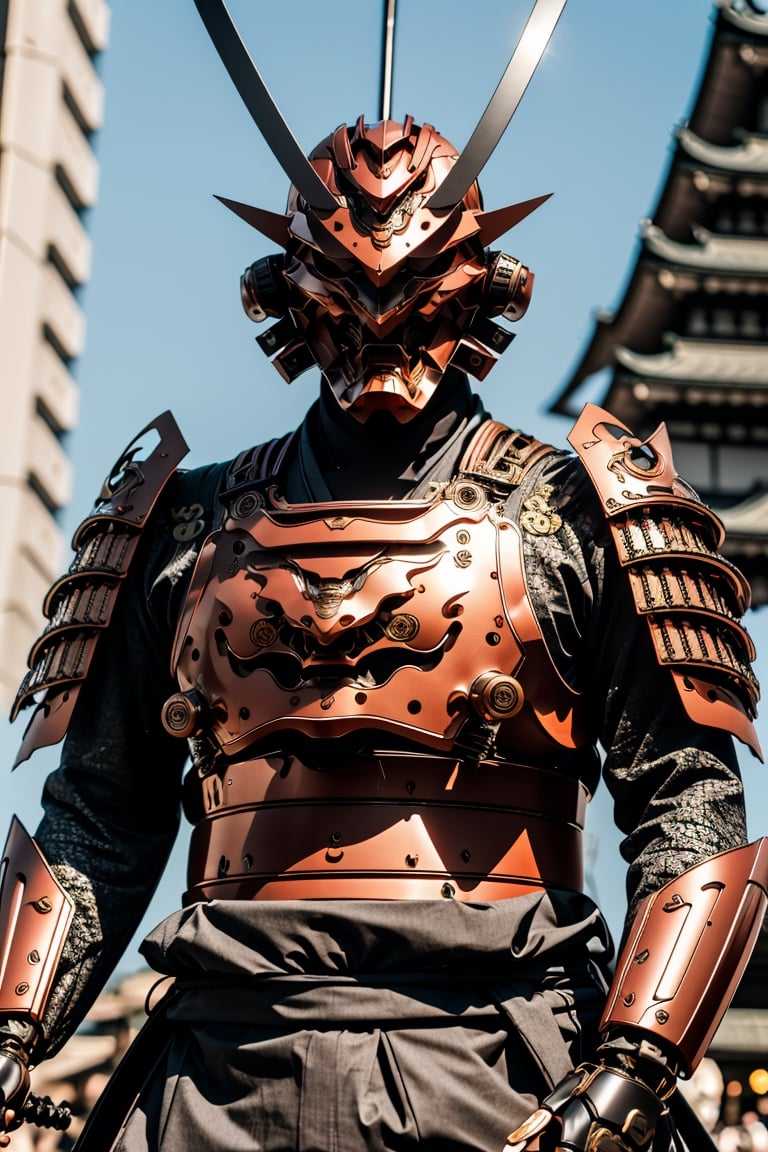 mechanical samuray, japanese samurai warrior with mechanical components in his armor, two swords, samurai mask,armor, fighting pose, japanese environment,oni face shield,mech4rmor,oni_mask,BJ_Gundam,zzmckzz