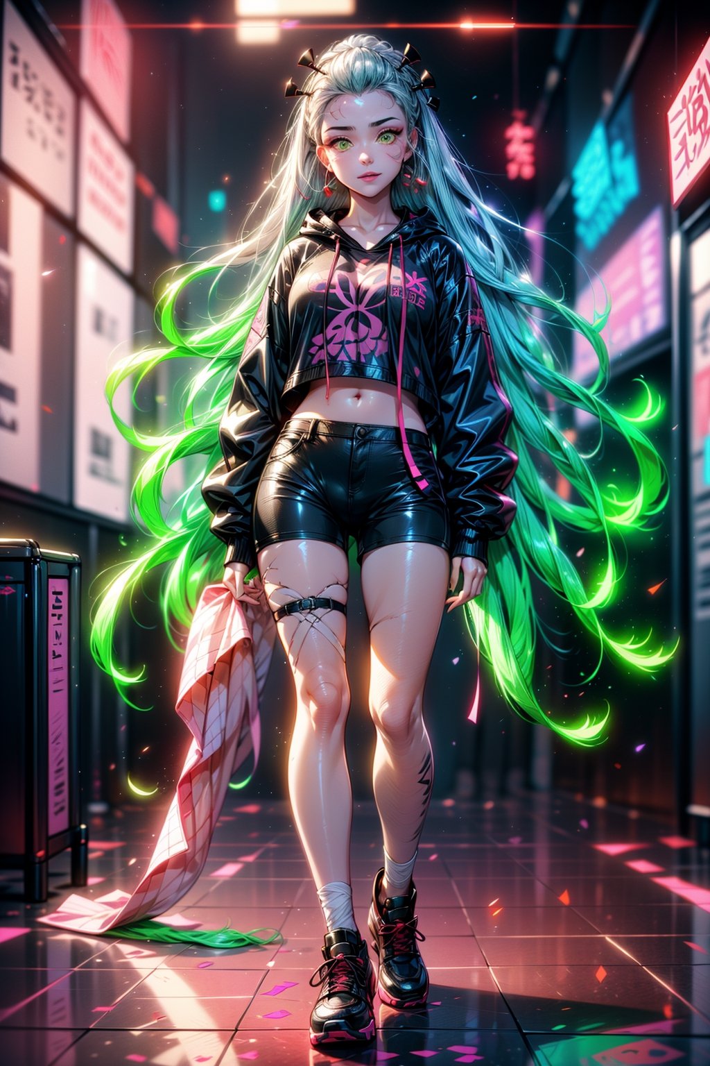 masterpiece, best definition, high definition, high qualitythe girl is in a nightclub, she has a big hoodie, she has black shorts, tennis shoes, light yellow eyes, long hair, white hair and green at the tips, two-color hair, she has a braid on the right side of her hair, large_clothing, oversized_clothing, game controller print, sneakers, neon,Neon Light,neonlight\(ttp\),neon background,1 girl,  full body