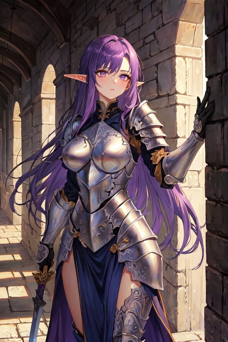 (masterpiece), (intricate details), (best quality), eyes focus, detailed eyes, beautiful eyes, golden eyes, (gradient hair), (purple hair), (blue highlights), hair over shoulder,1girl, castle, vibrant colors, unique, fantasy town, fashion, (((masterpiece))),best quality, illustration,beautiful detailed glow, a woman in armor with a berserk sword in her hand, a sexy blonde warrior, armor female knight, beautiful female knight, gorgeous female paladin, of a beautiful female knight, a very beautiful berserker woman, girl in knight armor, in a dungeon background, wearing witchblade armor, muscular warrior women, elf knight, beautiful armor, anime woman, fullbody shots