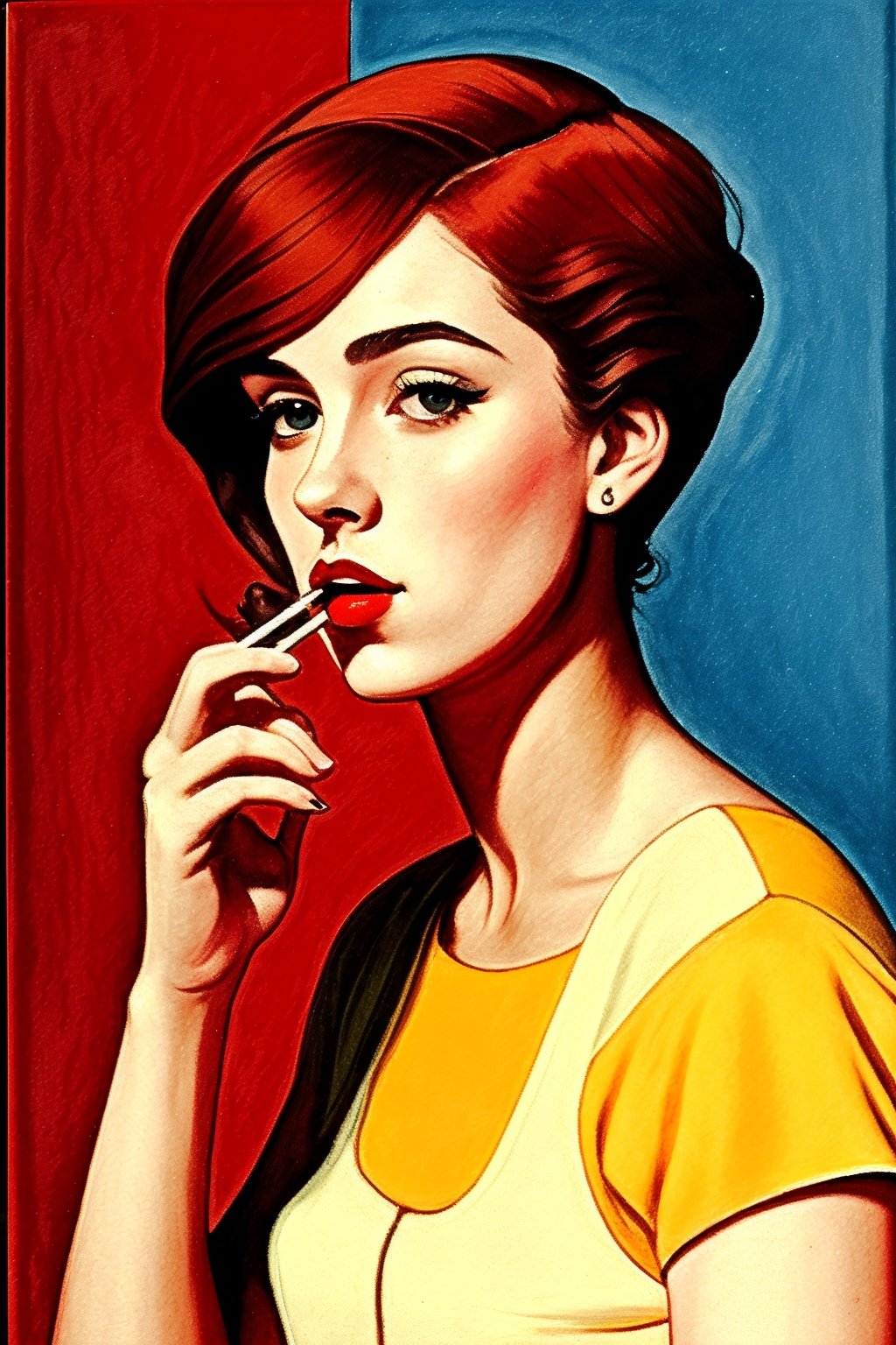 a painting in style are deco from the beginning of the XX century, a picture of a young beautiful lady smoking a cigarette, reddish and yellowish background,  