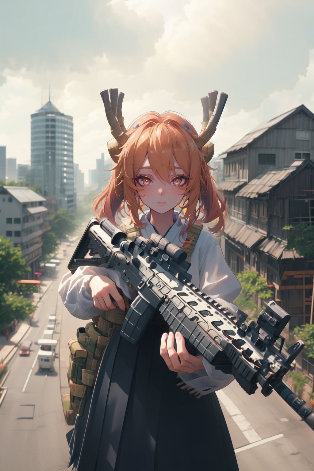 Shinkai Makoto animation, shot from a high angle to a low angle, a lonely anime girl with red hair and black eyes wearing a Japanese sailor suit is holding a sniper rifle on the edge of a high-rise building and aiming at a robot on the ground far away from the building. The army, the background is the city late at night, the colors are highly rendered,High detailed ,Color magic,Saturated colors,Color saturation ,midjourney,	 SILHOUETTE LIGHT PARTICLES,glitter,shiny, tohru (maidragon)
,Holding an assault rifle 