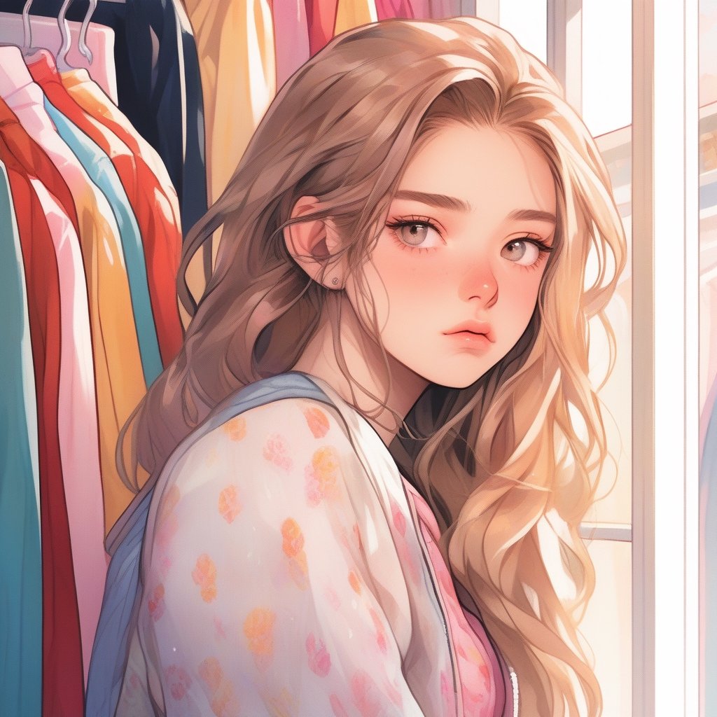Beautiful 18 year old teenager in a chibi style, close-up with a tired face and expression looking at a window of expensive clothes