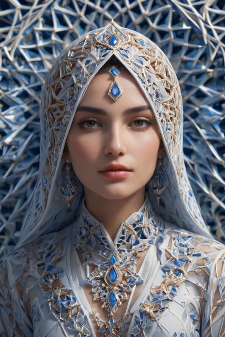A mesmerizing ((hyperrealistic)) portrait of a stunning Persian woman, exuding an angelic charm and youthful radiance. The subject adorns a vibrant, traditional attire, accentuated that boldly contrast against the negative space and blue light geometric shapes. The artwork masterfully unites emotive conceptual portraiture with a flawless fusion of organic and mathematical forms. The 8K render and 4K textural richness accentuate the elegance of the corona 9 radiant glow, capturing the essence of modest ethnic beauty ideals. The image was skillfully captured using a Canon EOS R5, embodying both technical and artistic sophistication. Perfect textures and details ,ral-pnrse,Masterpiece,REALISTIC,Dragon