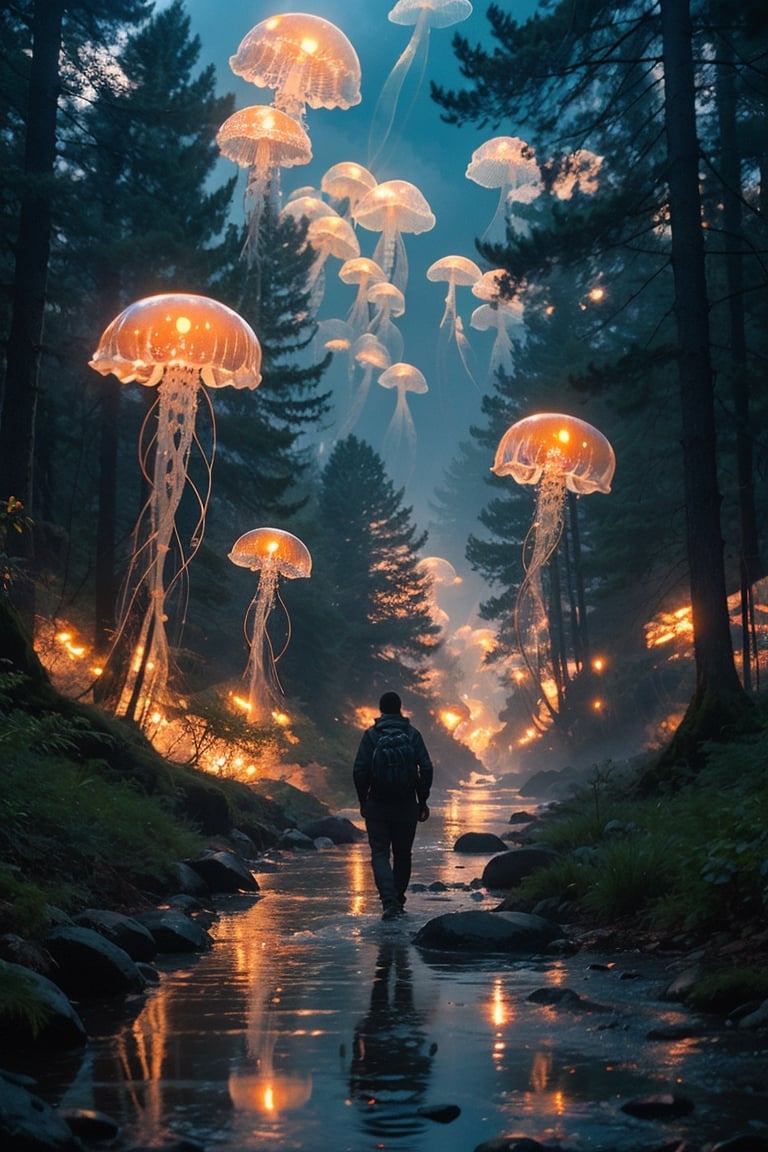 It generates a high-quality cinematic image, extreme details, ultra definition, extreme realism, high-quality lighting, 16k UHD, jellyfish moving in the middle of the forest,jellyfishforest