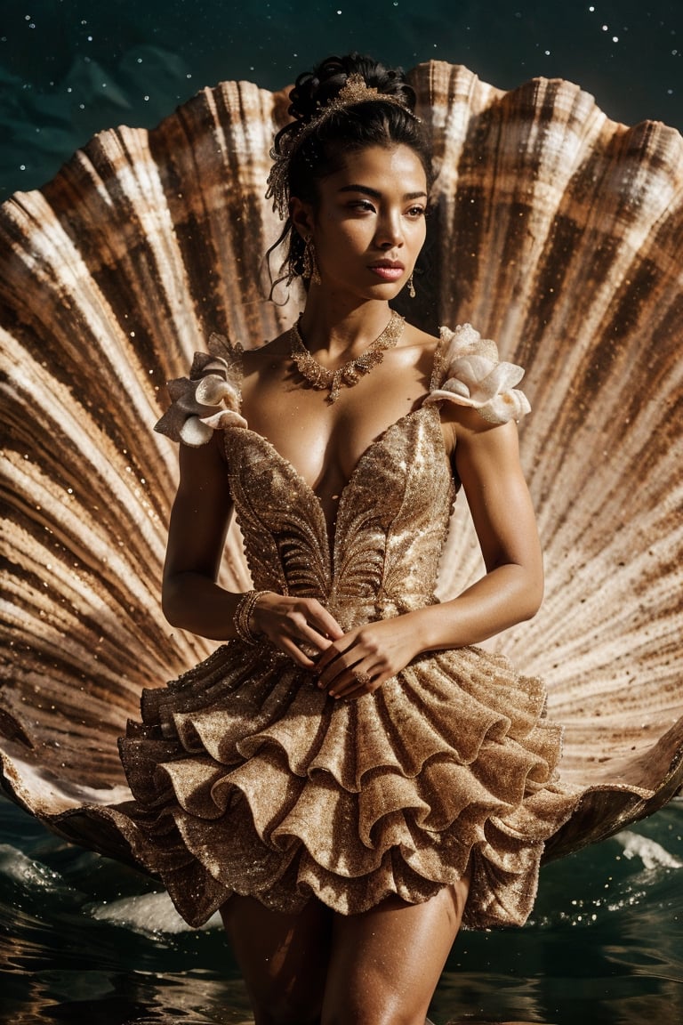 It generates a high-quality cinematic image, extreme details, ultra definition, extreme realism, high-quality lighting, 16k UHD, a black woman who is in a dark environment but her skin stands out and her features. She's got a dress full of glitter and seashells,xuer Large shell,ruanyi0263