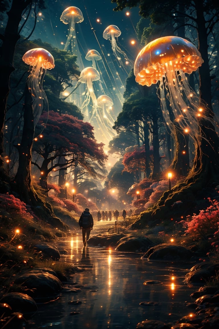 It generates a high-quality cinematic image, extreme details, ultra definition, extreme realism, high-quality lighting, 16k UHD, jellyfish moving in the middle of the forest,jellyfishforest, msenlin