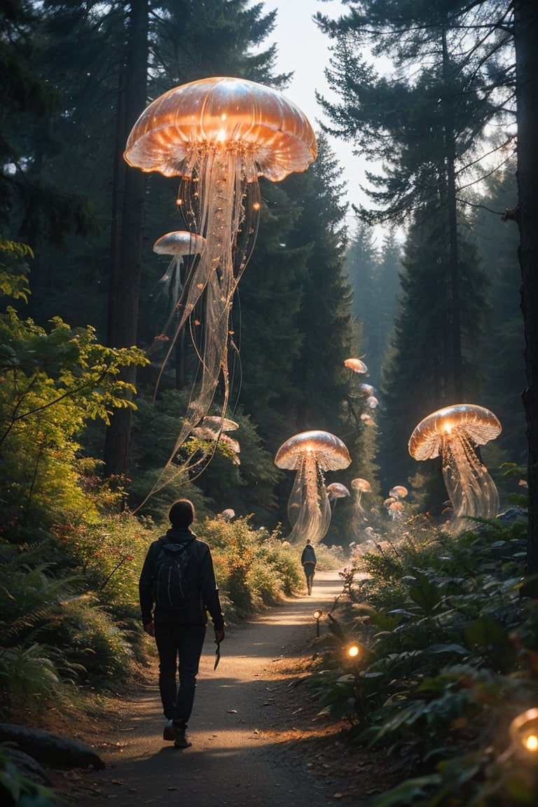 It generates a high-quality cinematic image, extreme details, ultra definition, extreme realism, high-quality lighting, 16k UHD, jellyfish moving in the middle of the forest,jellyfishforest