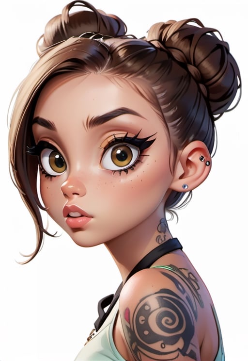 It generates a high-quality drawing image, extreme details, ultra definition, extreme realism, high-quality lighting, 16k UHD, a teenage girl with tattoos, big eyes with big eyelashes, her eye color is brown, she wears her hair tied up with a bun and looks like a bratz doll