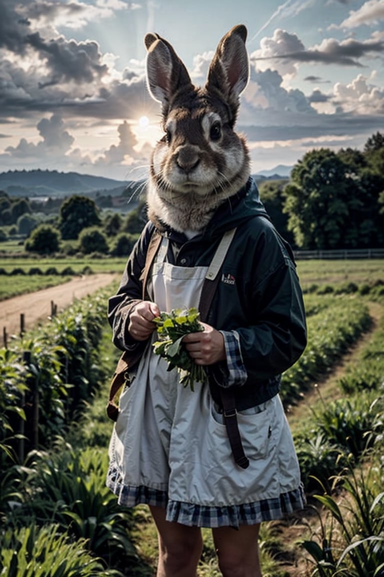 Generate high-quality cinematic image, extreme details, ultra definition, extreme realism, high-quality lighting, 16k UHD, A rabbit in the middle of the field dressed in farmer's clothes pretending to dress just like a human