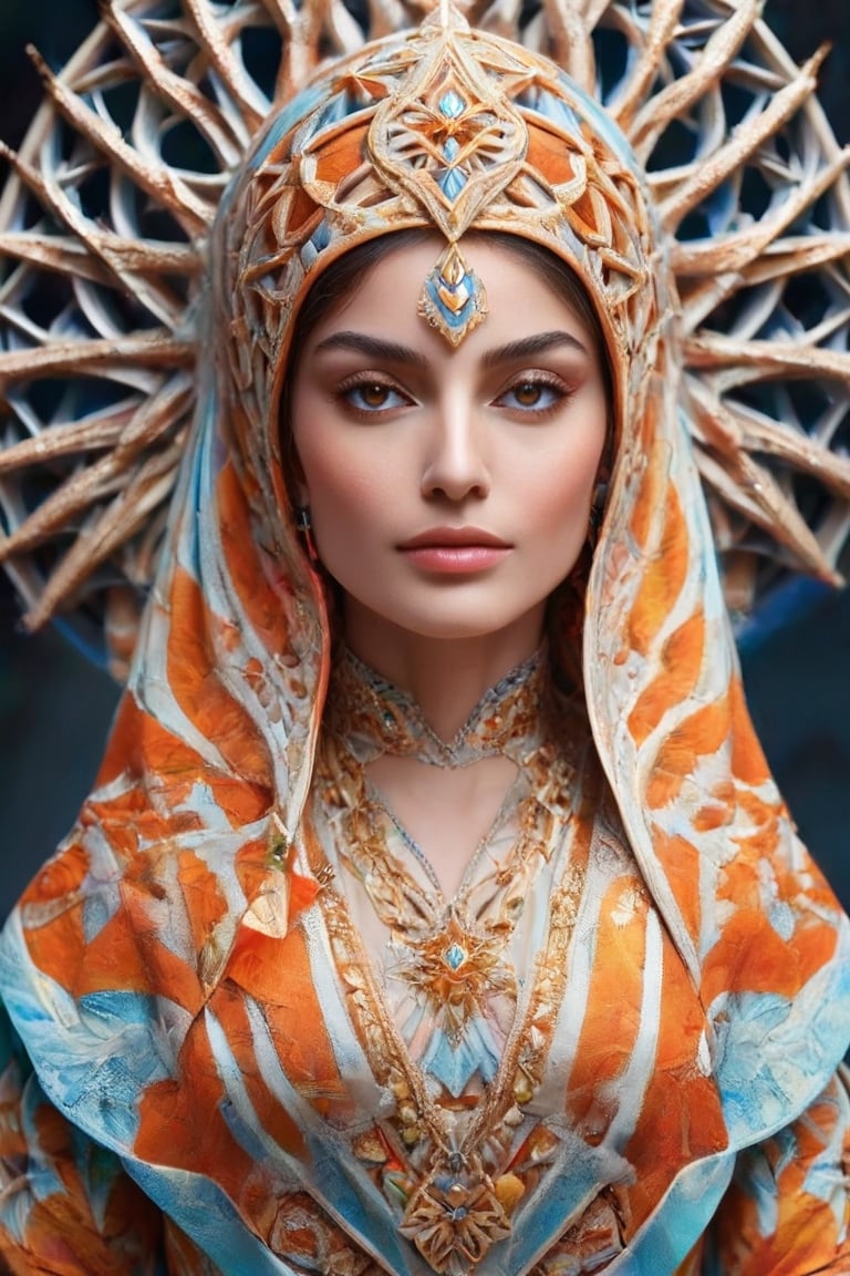 A mesmerizing ((hyperrealistic)) portrait of a stunning Persian woman, exuding an angelic charm and youthful radiance. The subject adorns a vibrant, traditional attire, accentuated by minimalist organic curves that boldly contrast against the negative space and geometric shapes. The artwork masterfully unites emotive conceptual portraiture with a flawless fusion of organic and mathematical forms. The 8K render and 4K textural richness accentuate the elegance of the corona 9 radiant glow, capturing the essence of modest ethnic beauty ideals. The image was skillfully captured using a Canon EOS R5, embodying both technical and artistic sophistication. Perfect textures and details 