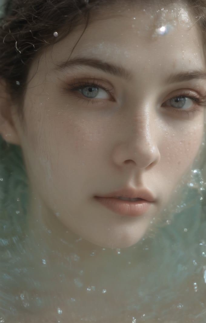 It generates a high-quality cinematic image, extreme details, ultra definition, extreme realism, high-quality lighting, 16k UHD, a very close-up of a woman's face in profile but only half of her face is visible, only her eye "perfect eye", she is submerged in the sea and only her eye is appreciated, her eye is full of glitter and glitter,  He has freckles on his cheek and nose, they are also shiny, you can see his wet skin and hair,underwater,perfecteyes eyes