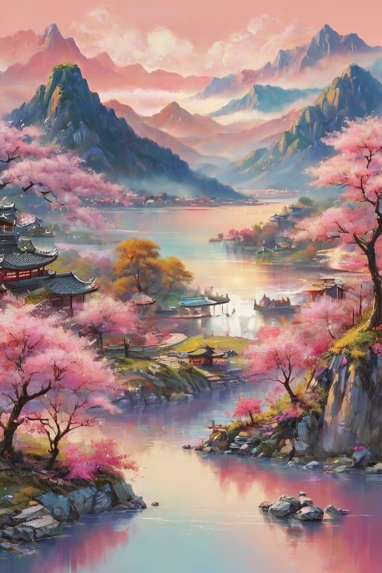 It creates a Chinese landscape, with mountains, lake, pink clouds in the sky and a cherry tree on the ground