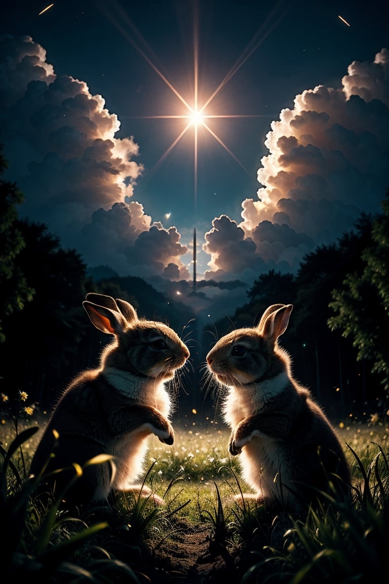 It generates a high-quality cinematic image, extreme details, ultra definition, extreme realism, high-quality lighting, 16k UHD, two baby rabbits fighting punching each other but with a full realistic crazy evil face in the middle of a field