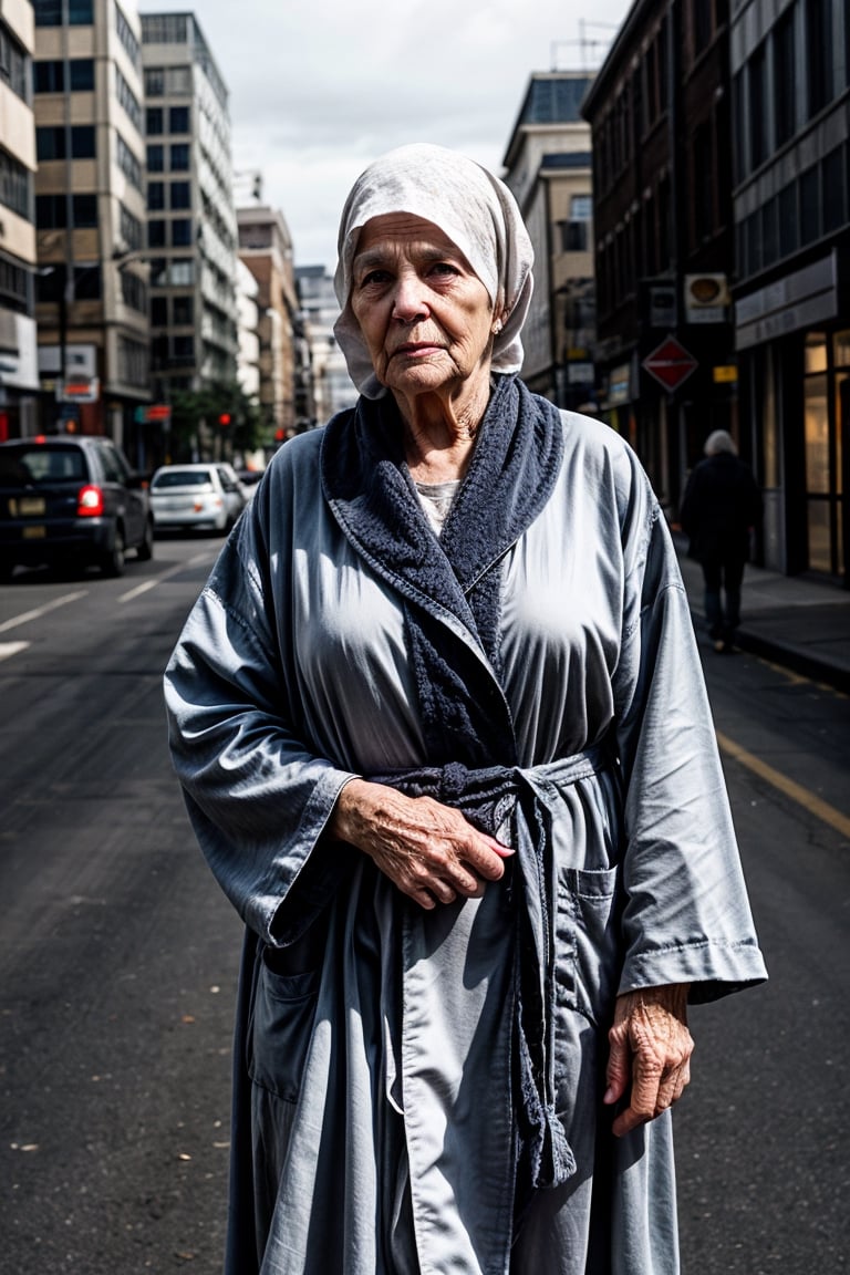 It generates a high-quality cinematic image, extreme details, ultra definition, extreme realism, high-quality lighting, 16k UHD, an old woman, very wrinkled and emaciated pale skin, with a robe that covers her head and body and is in the middle of an empty street with low lighting Masterpiece